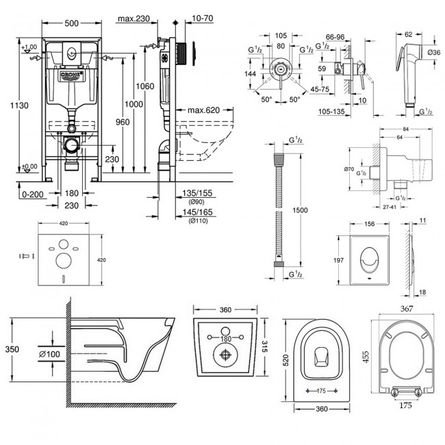 Комплект інсталяція Grohe Rapid SL 38721001 + унітаз з сидінням Qtap Jay QT07335176W + набір для гігієнічного душу зі змішувачем Grohe BauClassic 111048