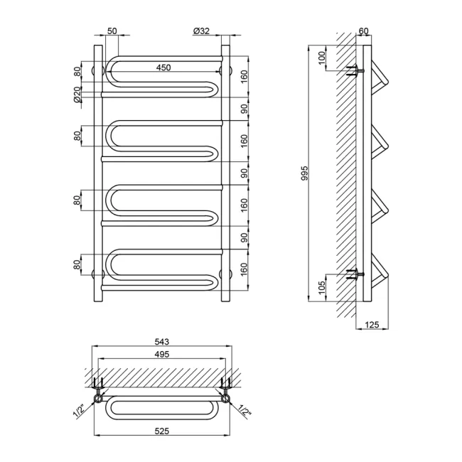 Сушарка для рушників водяна Lidz Zigzag (CRM) D32/20х1/2" 500x1000 P4 2 Сушарка для рушників водяна Lidz Zigzag (CRM) D32/20х1/2" 500x1000 P4 2