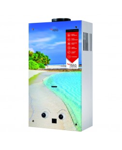 Колонка газова димохідна Aquatronic JSD20-AG308 10 л панель скляна з малюнком пляж