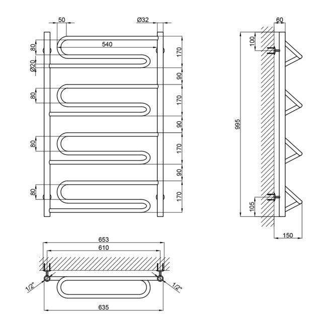 Сушарка для рушників водяна Lidz Zigzag (CRM) D32/20х1/2" 600x1000 P4 2