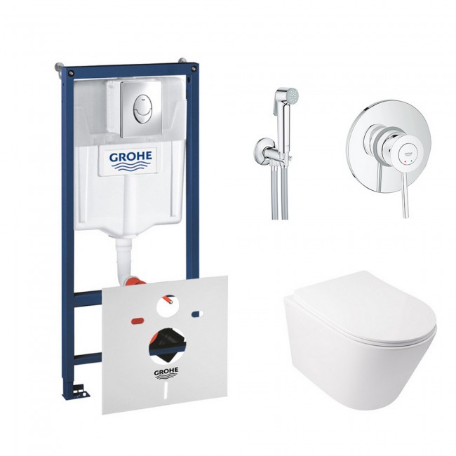 Комплект інсталяція Grohe Rapid SL 38721001 + унітаз з сидінням Qtap Swan QT16335178W + набір для гігієнічного душу зі змішувачем Grohe BauClassic 2904800S