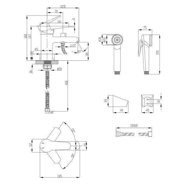 Змішувач для раковини Lidz (CRM) 14 34 001FB з лійкою для гігієнічного душу 2