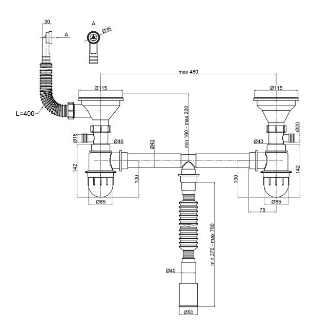 Сифон двойной для кухонной мойки Lidz (GRA) 47 01 003 11 с круглым переливом (выход 50/40 мм) 2