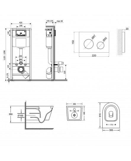 Набор Qtap инсталляция 4 в 1 с панелью смыва Nest (QT0133M425 + QT0111M11V1114W) + унитаз с сиденьем Swan QT16335178W