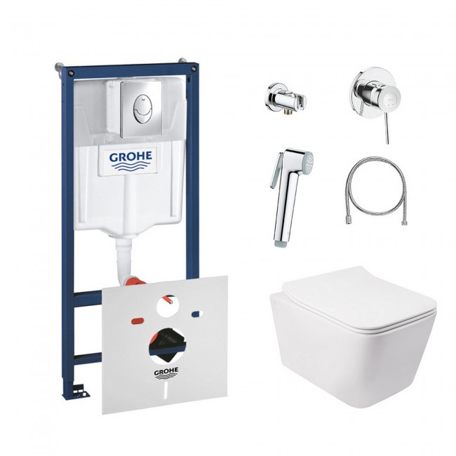 Комплект інсталяція Grohe Rapid SL 38721001 + унітаз з сидінням Qtap Crow QT05335170W + набір для гігієнічного душу зі змішувачем Grohe BauClassic 111048