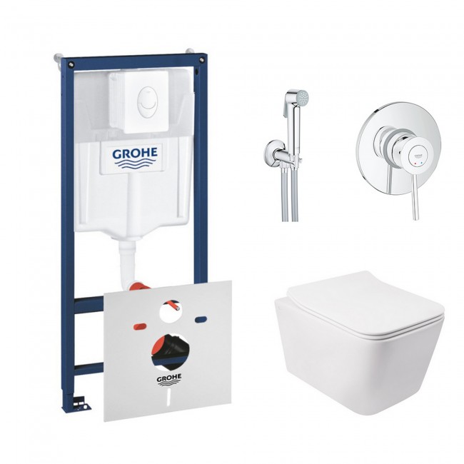 Комплект інсталяція Grohe Rapid SL 38722001 + унітаз з сидінням Qtap Crow QT05335170W + набір для гігієнічного душу зі змішувачем Grohe BauClassic 2904800S