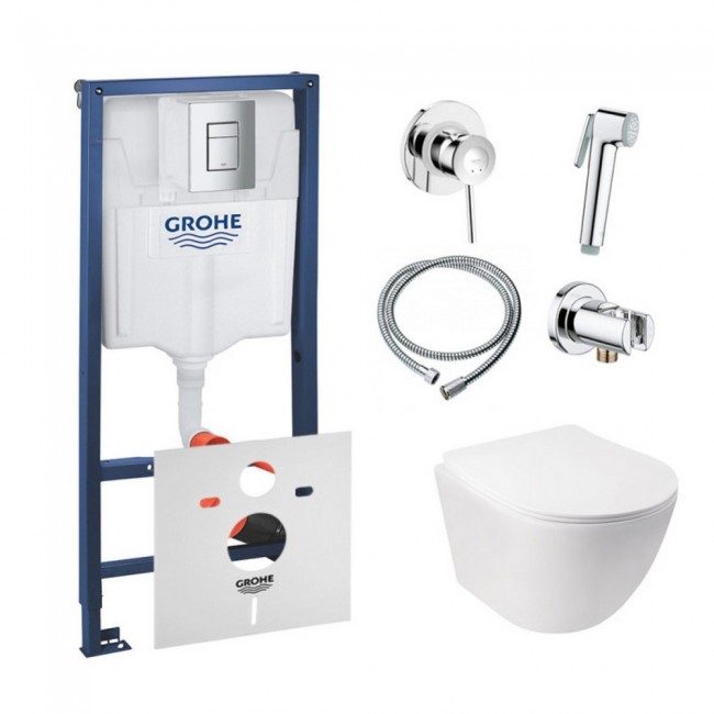 Комплект інсталяція Grohe Rapid SL 38772001 + унітаз з сидінням Qtap Jay QT07335176W + набір для гігієнічного душу зі змішувачем Grohe BauClassic 111048