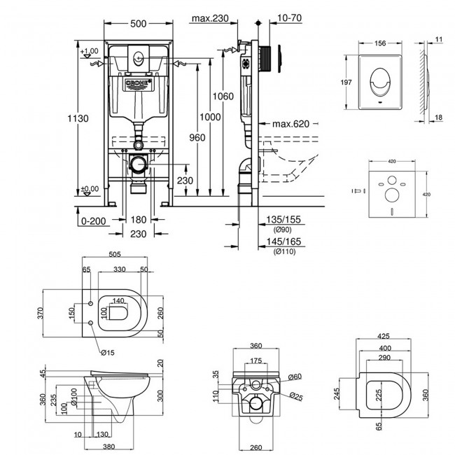 Набор инсталляция 4 в 1 Grohe Rapid SL 38721001 + унитаз с сиденьем Qtap Lark QT0331159W