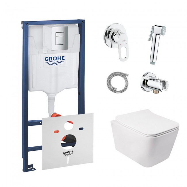 Комплект інсталяція Grohe Rapid SL 38772001 + унітаз з сидінням Qtap Crow QT05335170W + набір для гігієнічного душу зі змішувачем Grohe BauLoop 111042