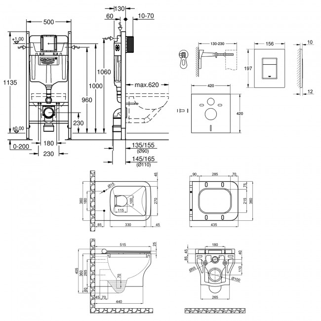 Набір інсталяція 4 в 1 Grohe Rapid SL 3884000G + унітаз з сидінням Qtap Cardinal QT0433C660HW