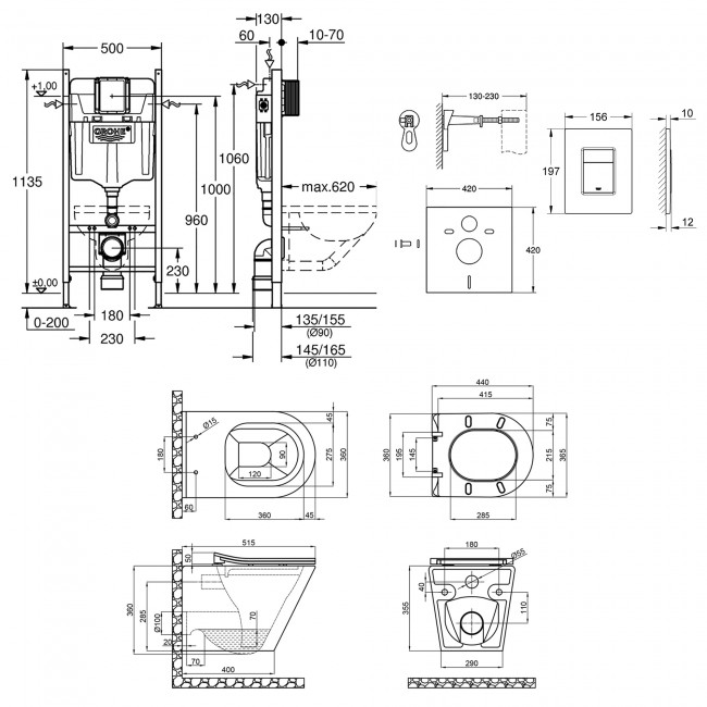 Набор инсталляция 4 в 1 Grohe Rapid SL 3884000G + унитаз с сиденьем Qtap Scorpio QT1433053ERMB