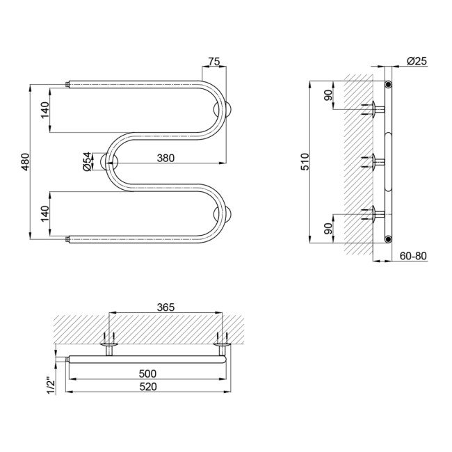 Полотенцесушитель водяной Lidz Snake (CRM) D25х1/2" 500x500 2