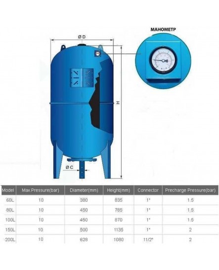 Гидроаккумулятор 200л VOLKS pumpe10bar вертик.(с манометром)