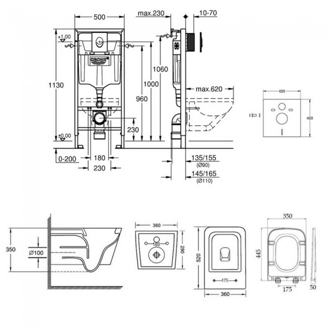 Набор инсталляция 4 в 1 Grohe Rapid SL 38721001 + унитаз с сиденьем Qtap Crow QT05335170W