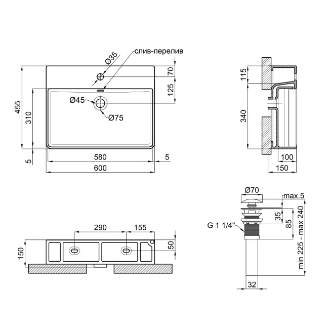 Раковина Qtap Crow 600х450х150 White с донным клапаном QT0511WL032W 2 Раковина Qtap Crow 600х450х150 White с донным клапаном QT0511WL032W 2