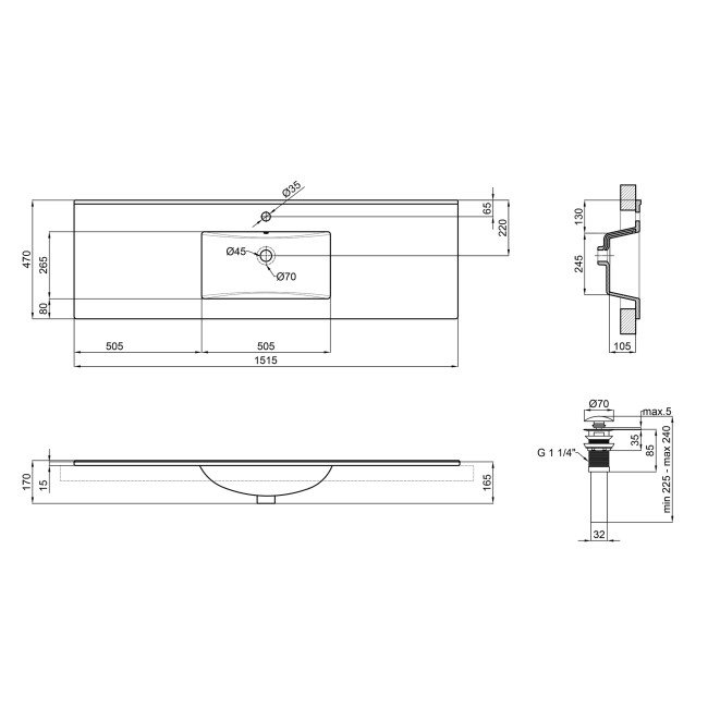 Раковина Qtap Albatross E 1500х460х180 White с донным клапаном QT01119150EW