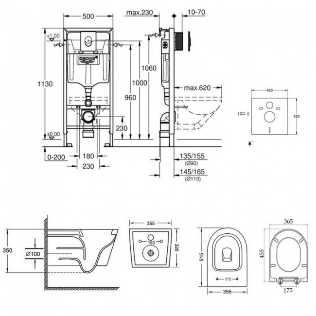 Набір інсталяція 4 в 1 Grohe Rapid SL 38722001 + унітаз з сидінням Qtap Swan QT16335178W