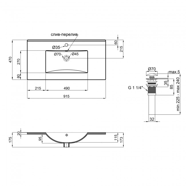 Раковина Qtap Albatross New 910x470x180 White с донным клапаном QT0111750690W