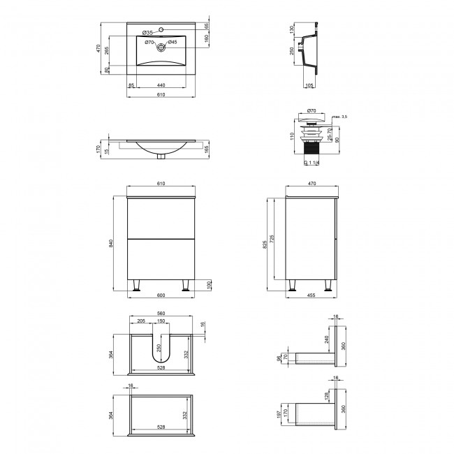 Комплект Qtap Tern 600х725х437 Matt black тумба напольная + раковина врезная QT1771TNL6023060CMB