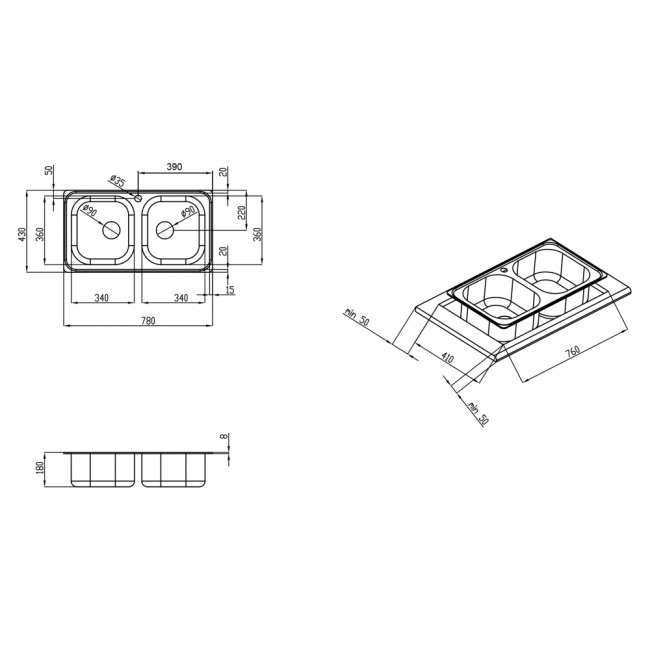 Кухонная мойка с двумя чашами Qtap 7843-B 0,8 мм Micro Decor (QT7843BMICDEC08)