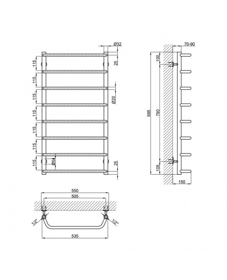 Сушарка для рушників водяна Lidz Standard (CRM) D32/20х1/2" 500x1000 P8