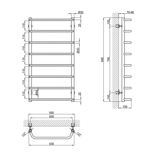 Сушарка для рушників водяна Lidz Standard (CRM) D32/20х1/2" 500x1000 P8 2 Сушарка для рушників водяна Lidz Standard (CRM) D32/20х1/2" 500x1000 P8 2