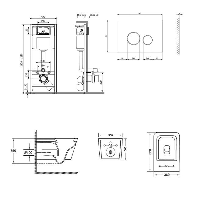 Набір Qtap інсталяція 4 в 1 з панеллю змиву Nest (QT0133M425 + QT0111V1164GW) + унітаз з сидінням Crow QT05335170W 2