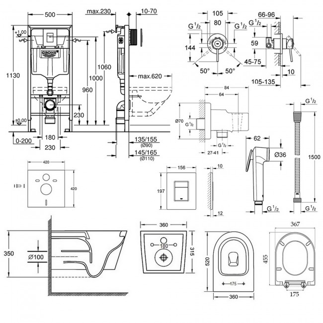 Комплект інсталяція Grohe Rapid SL 38772001 + унітаз з сидінням Qtap Jay QT07335176W + набір для гігієнічного душу зі змішувачем Grohe BauClassic 111048