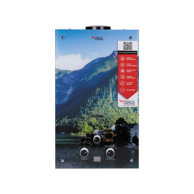 Колонка газова димохідна Aquatronic JSD20-AG208 10 л режим Зима/Літо, панель скляна з малюнком гори Колонка газова димохідна Aquatronic JSD20-AG208 10 л режим Зима/Літо, панель скляна з малюнком гори