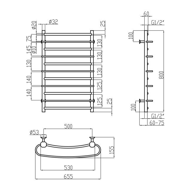Сушарка для рушників водяна Lidz Standard (CRM) РЛС D32/20х1/2" 500x800 P5 2