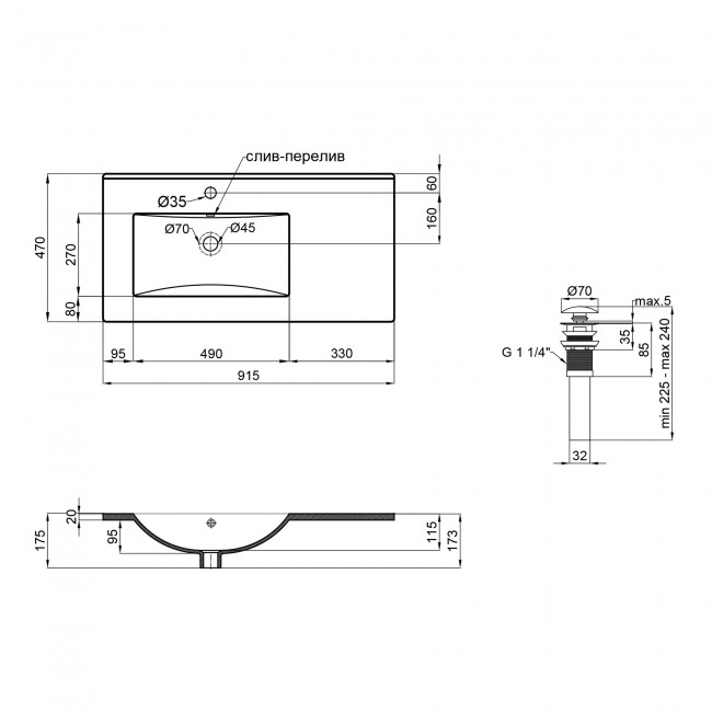 Раковина Qtap Albatross New 910x470x180 White с донным клапаном QT0111750690LW