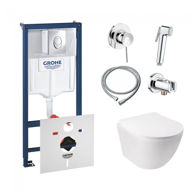 Комплект інсталяція Grohe Rapid SL 38721001 + унітаз з сидінням Qtap Jay QT07335176W + набір для гігієнічного душу зі змішувачем Grohe BauClassic 111048