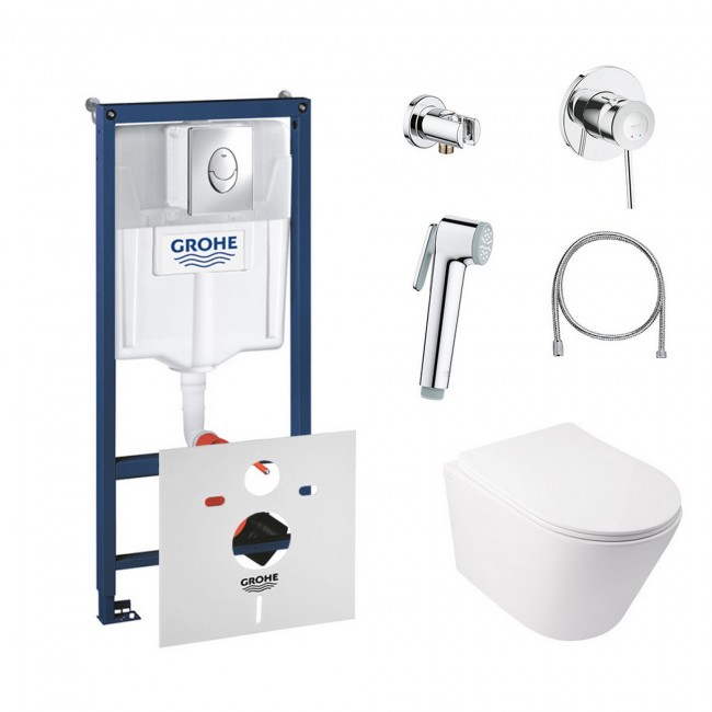 Комплект інсталяція Grohe Rapid SL 38721001 + унітаз з сидінням Qtap Swan QT16335178W + набір для гігієнічного душу зі змішувачем Grohe BauClassic 111048