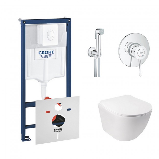 Комплект інсталяція Grohe Rapid SL 38722001 + унітаз з сидінням Qtap Jay QT07335176W + набір для гігієнічного душу зі змішувачем Grohe BauClassic 2904800S