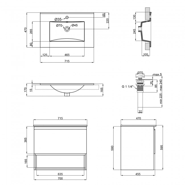 Комплект Qtap Robin 700х580х437 Graphite/Whitish oak тумба подвесная + раковина врезная QT1372TPВ7002GWO