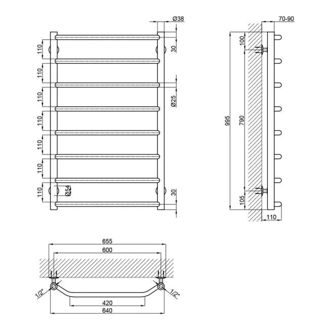 Сушарка для рушників водяна Lidz Trapezium (CRM) D38/25 600x1000 P8 2 Сушарка для рушників водяна Lidz Trapezium (CRM) D38/25 600x1000 P8 2