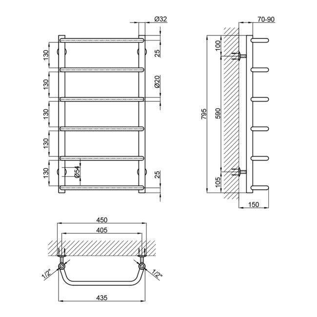Полотенцесушитель водяной Lidz Standard (CRM) D32/20х1/2" 400x800 P6