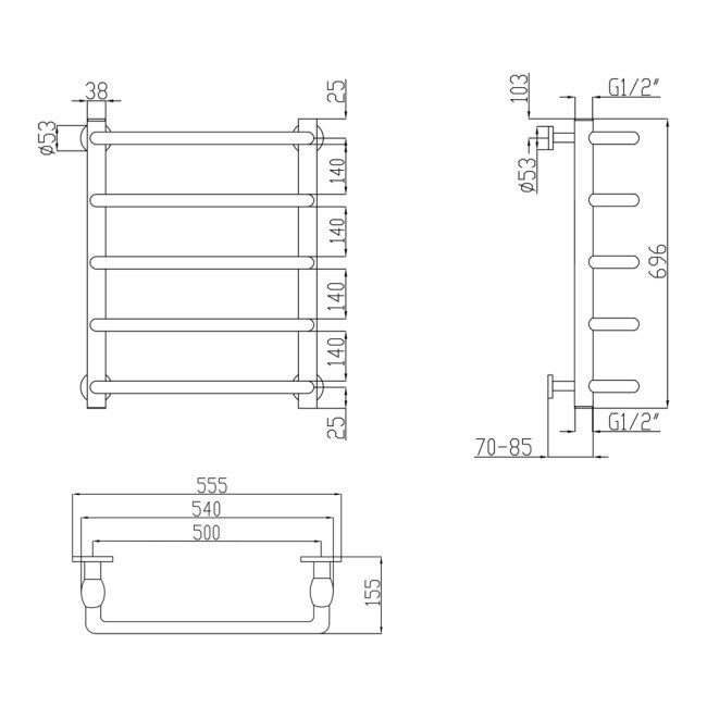 Сушарка для рушників водяна Lidz Standard (CRM) D32/20х1/2" 500x700 P5 2