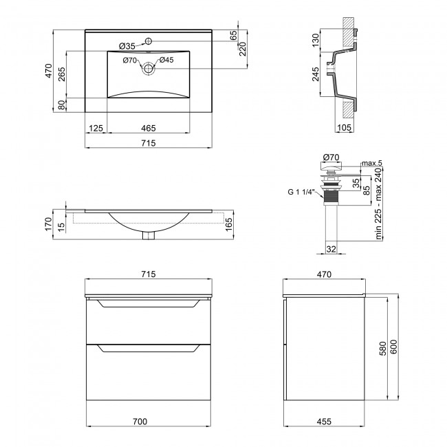 Комплект Qtap Scorpio 710х585х460 Graphite тумба підвісна + раковина урізна QT1472TPВ7023070CG