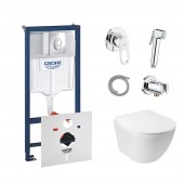 Комплект інсталяція Grohe Rapid SL 38721001 + унітаз з сидінням Qtap Jay QT07335176W + набір для гігієнічного душу зі змішувачем Grohe BauLoop 111042