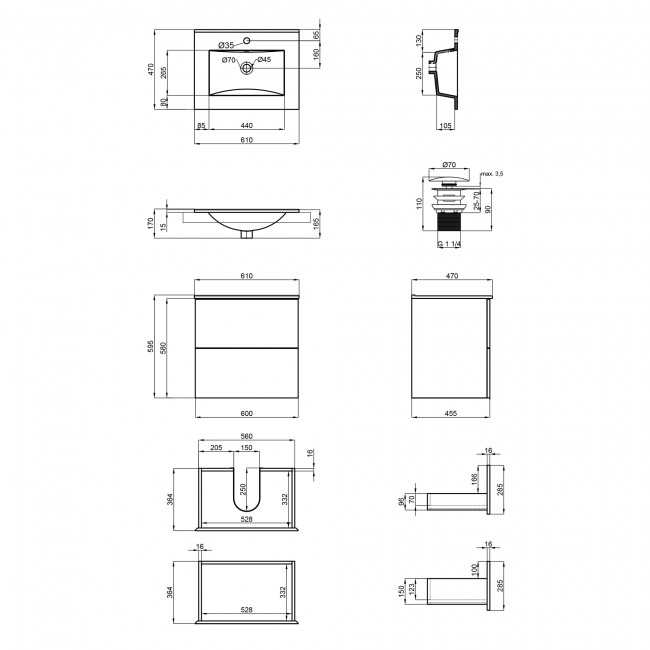 Комплект Qtap Tern 600х580х437 Matt black тумба подвесная + раковина врезная QT1772TPL6023060CMB