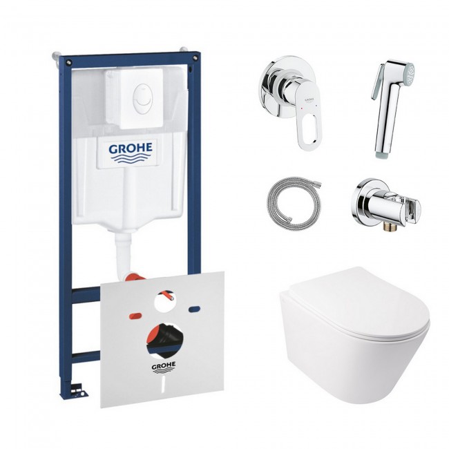 Комплект інсталяція Grohe Rapid SL 38722001 + унітаз з сидінням Qtap Swan QT16335178W + набір для гігієнічного душу зі змішувачем Grohe BauLoop 111042