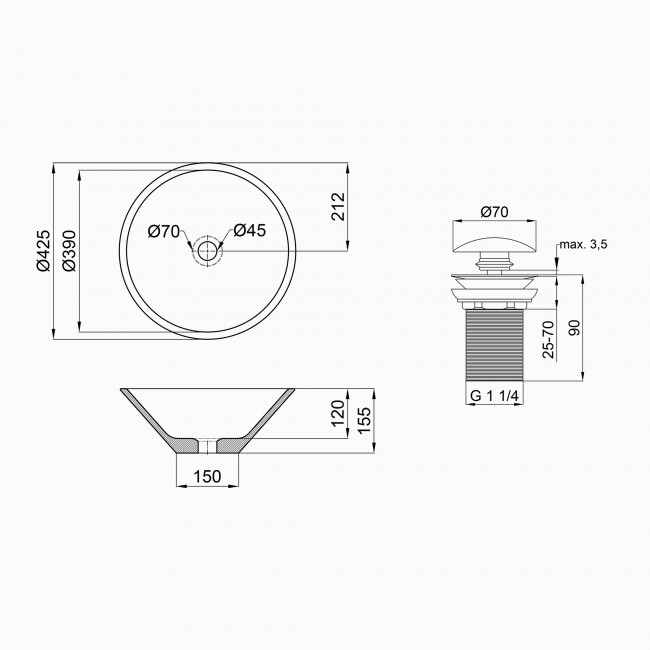 Раковина-чаша Qtap Amazon 425х425х155 White с донным клапаном QT0211K70W