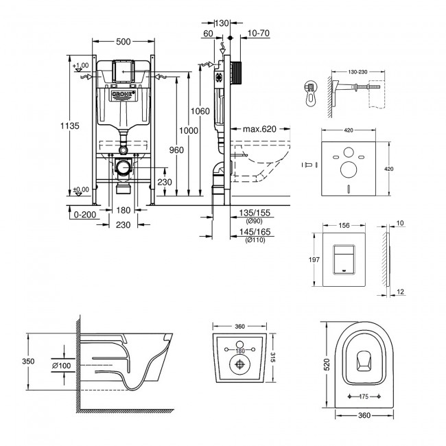 Набор инсталляция 4 в 1 Grohe Rapid SL 3884000G + унитаз с сиденьем Qtap Jay QT07335176W