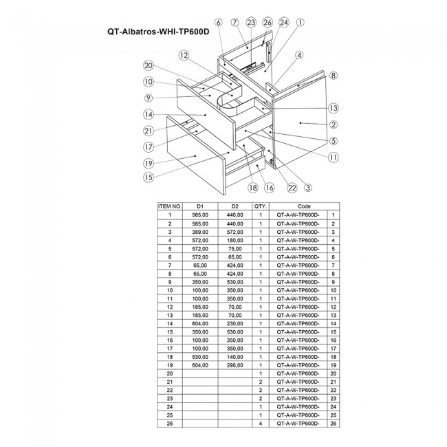 Комплект Qtap Albatross 605х725х460 White тумба підвісна +  раковина урізна