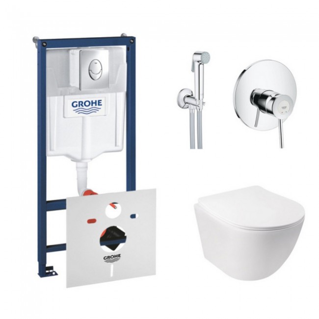 Комплект інсталяція Grohe Rapid SL 38721001 + унітаз з сидінням Qtap Jay QT07335176W + набір для гігієнічного душу зі змішувачем Grohe BauClassic 2904800S