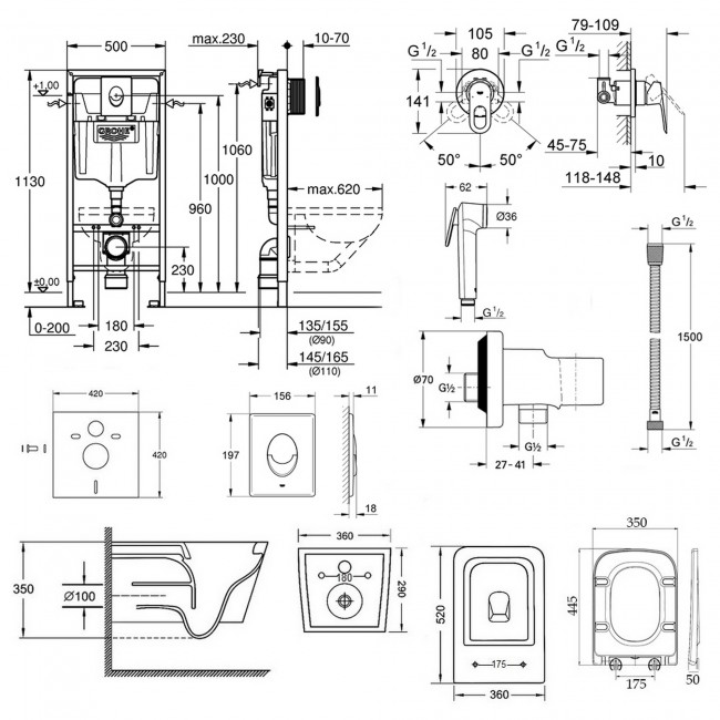 Комплект інсталяція Grohe Rapid SL 38721001 + унітаз з сидінням Qtap Crow QT05335170W + набір для гігієнічного душу зі змішувачем Grohe BauLoop 111042