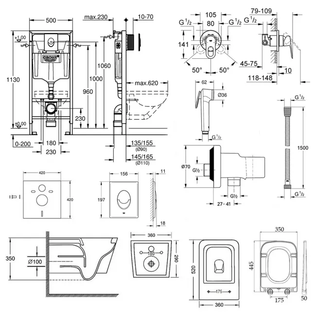 Комплект инсталляция Grohe Rapid SL 38721001 + унитаз с сиденьем Qtap Crow QT05335170W + набор для гигиенического душа со смесителем Grohe BauLoop 111042 2 Комплект инсталляция Grohe Rapid SL 38721001 + унитаз с сиденьем Qtap Crow QT05335170W + набор для гигиенического душа со смесителем Grohe BauLoop 111042 2