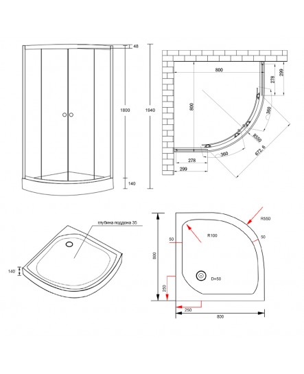 Душевая кабина Lidz Wieza SC80x80.SAT.LOW.L, стекло Linie 4 мм