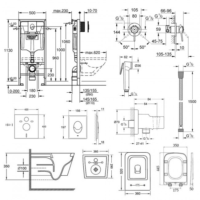 Комплект інсталяція Grohe Rapid SL 38721001 + унітаз з сидінням Qtap Crow QT05335170W + набір для гігієнічного душу зі змішувачем Grohe BauClassic 111048